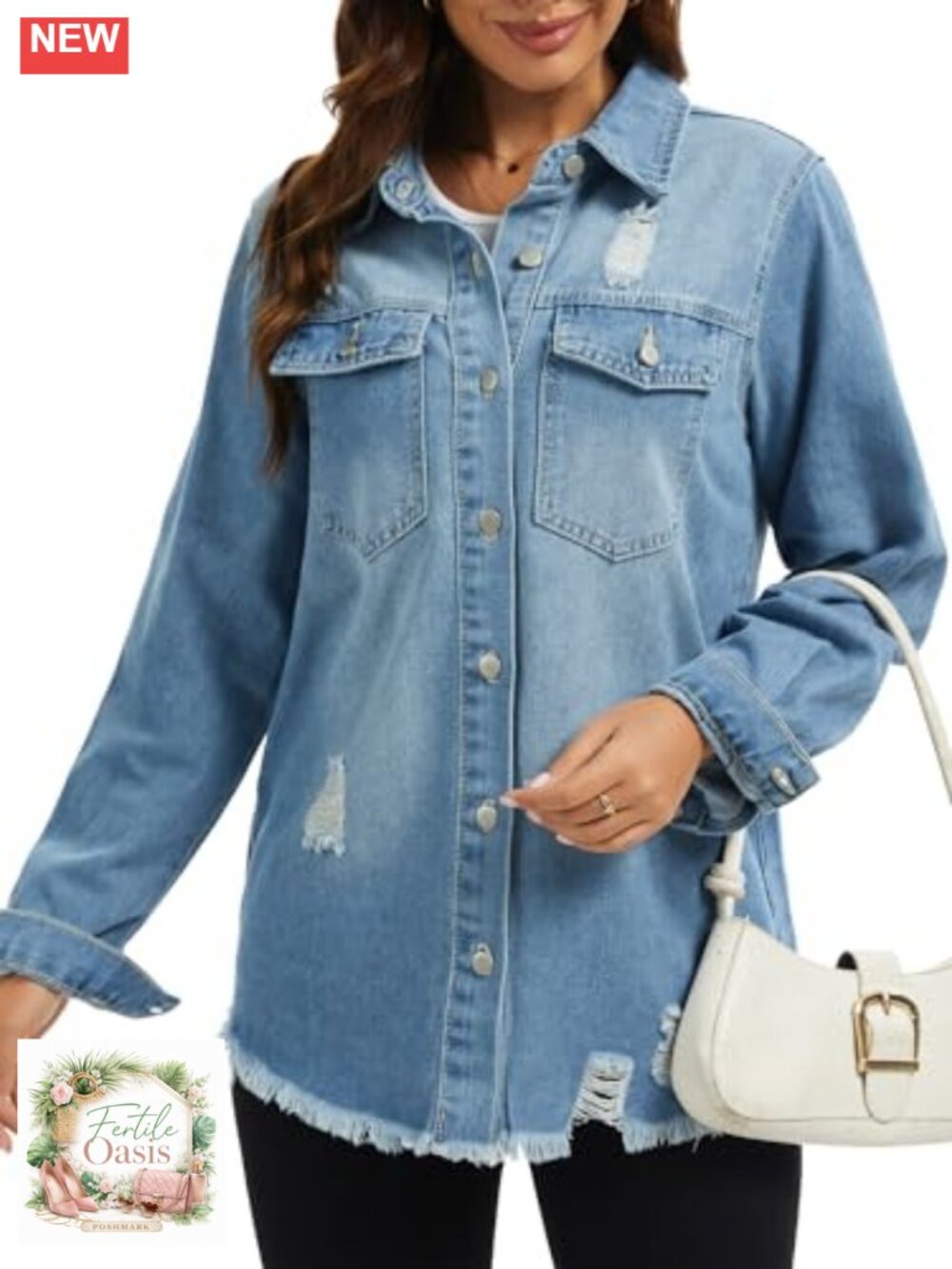 Oversized Distressed Denim Jacket Long Sleeve Frayed Hem Shacket - Picture 5 of 5